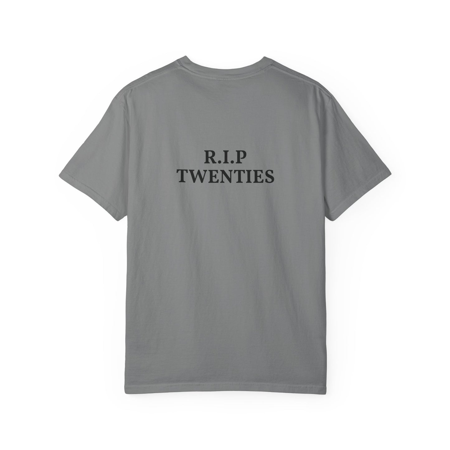 T‑Shirt — 'R.I.P. Twenties' Graphic Tee with Melancholic Seated Portrait