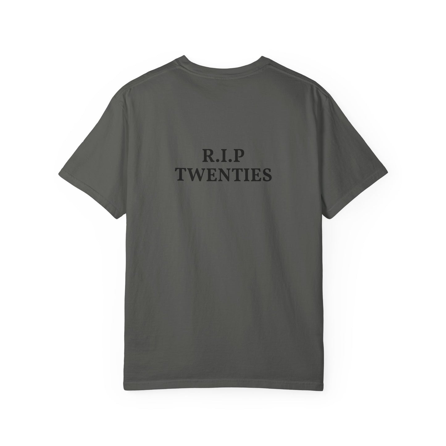 T‑Shirt — 'R.I.P. Twenties' Graphic Tee with Melancholic Seated Portrait
