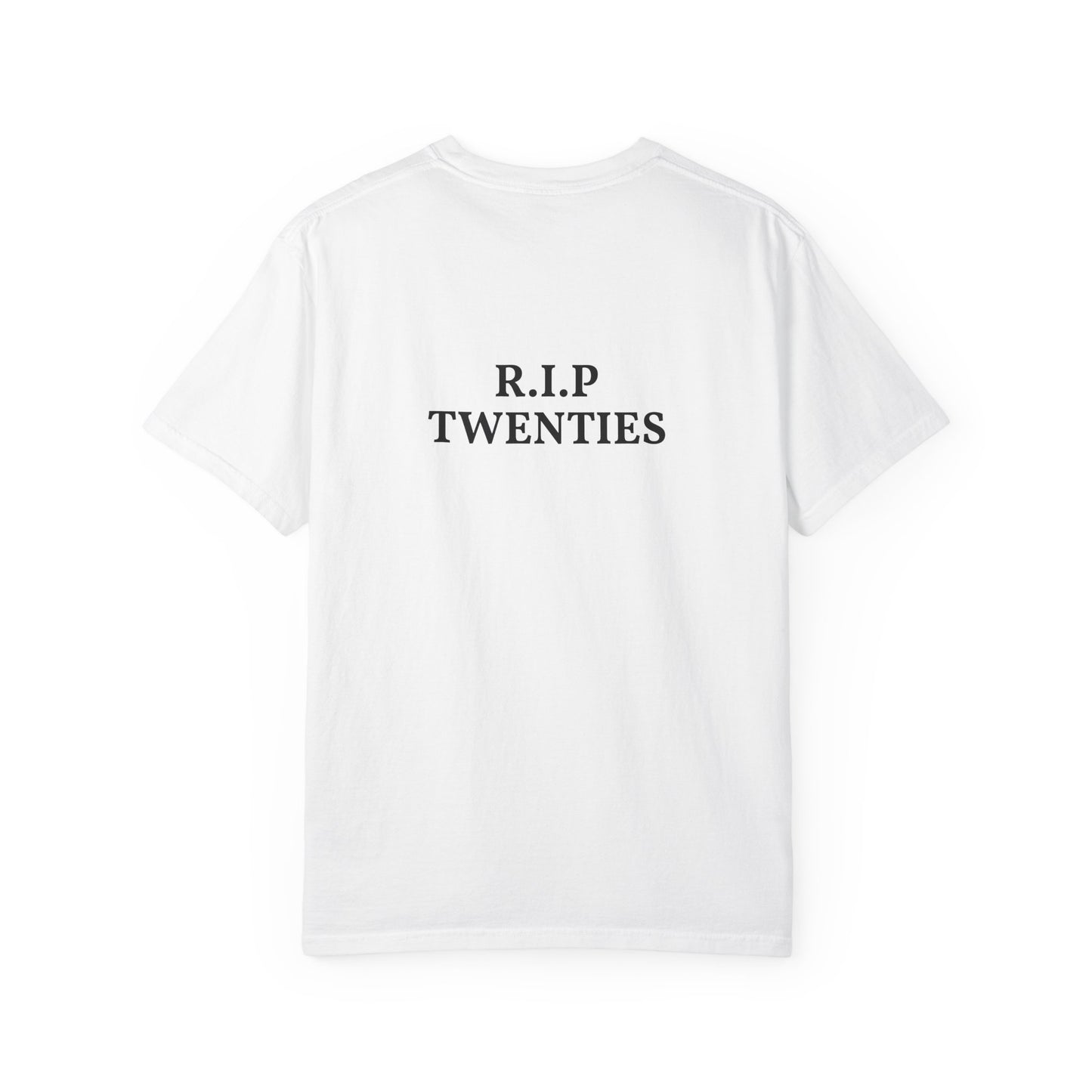 T‑Shirt — 'R.I.P. Twenties' Graphic Tee with Melancholic Seated Portrait